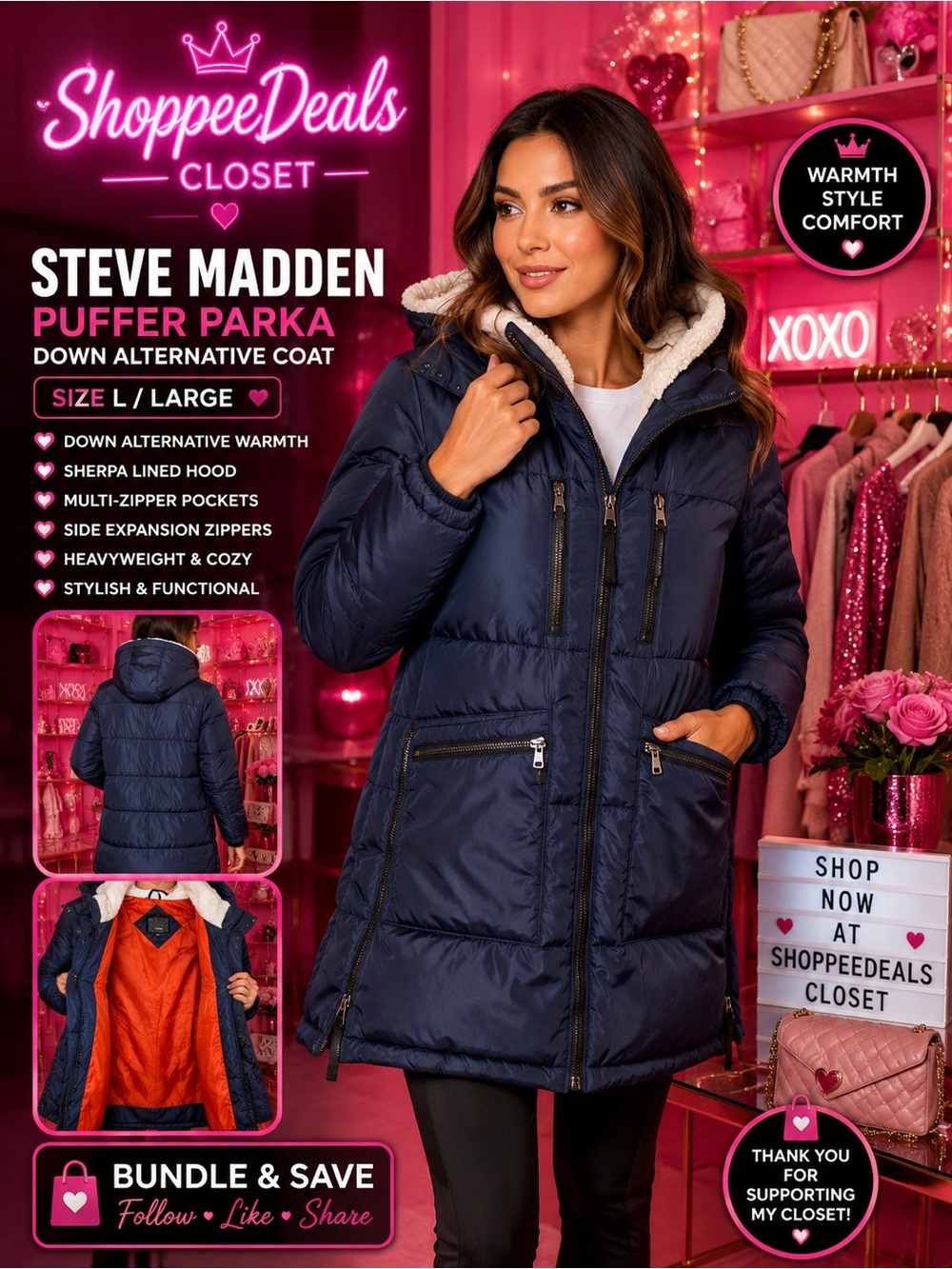 Steve Madden Navy Blue Puffer Parka Down Alternative Sherpa Hood Coat – Size L